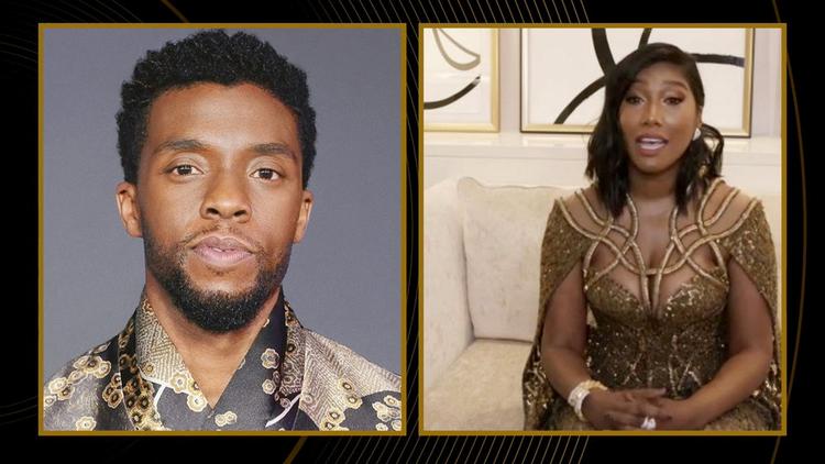 Taylor Simone Ledward tog imod prisen for Bedste mandlige skuespiller på vegne af sin afdøde mand, Chadwick Boseman.   Foto: Nbc Handout/Ritzau Scanpix