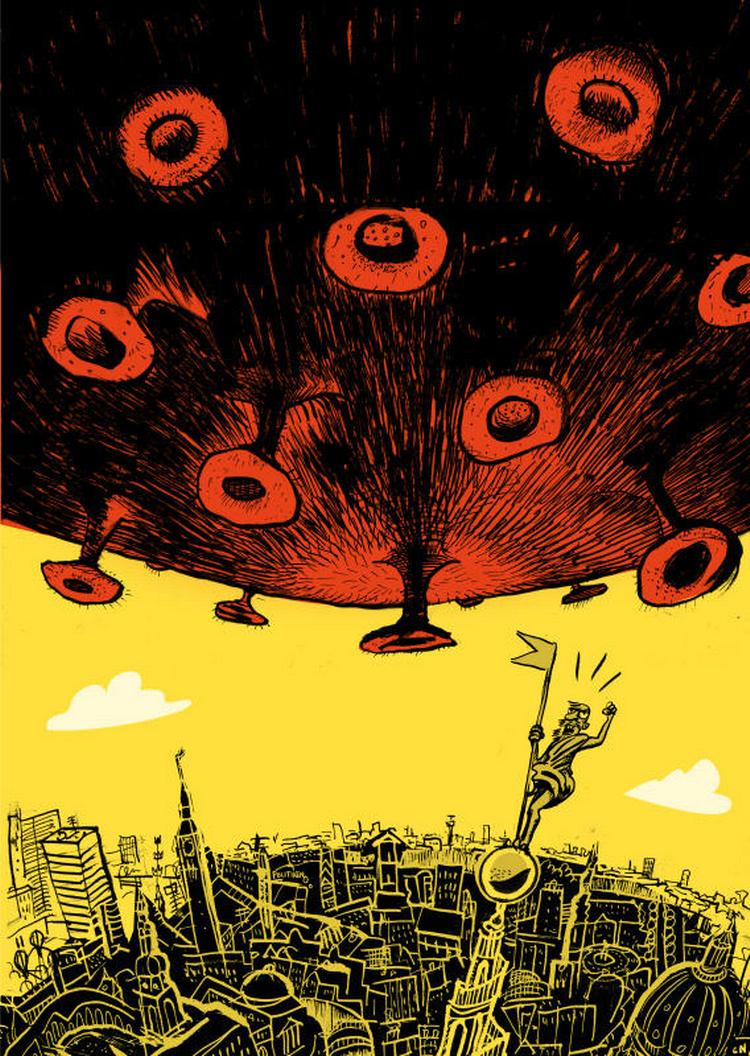 Formanden for Danske Bladtegnere fremhæver Politiken-tegneren Claus Nørregaards bidrag blandt indsendte billeder fra kolleger over hele verden. Tegning: Claus Nørregaard