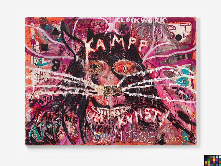 'Erzkunst-Macht-K.U.N.S.T.!' hedder dette selvportræt (af en slags) fra 2020 af tyske Jonathan Meese som er en del af udstillingen 'Two of Hearts' på Galleri Bo Bjerggaard. Maleriet er knap tre meter bredt og er reserveret til en køber. Prisen? Den fremgik ikke af galleriets liste.  Foto: Galleri Bo Bjerggaard