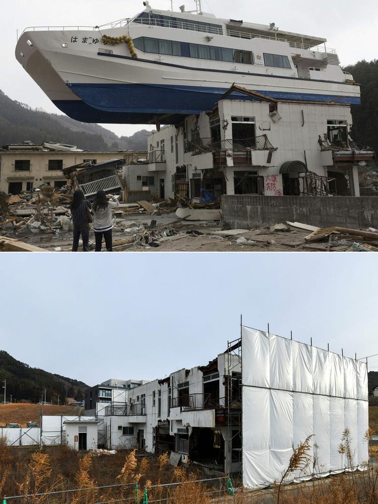 En båd er skyllet op på taget af et hotel i Otsuchi i Iwate-præfekturet. Øverste billede er taget 16. april 2011, og nederste billede er taget 28. januar 2021. Foto: Yasuyoshi Chiba, Kazuhiro Nogi/Ritzau Scanpix