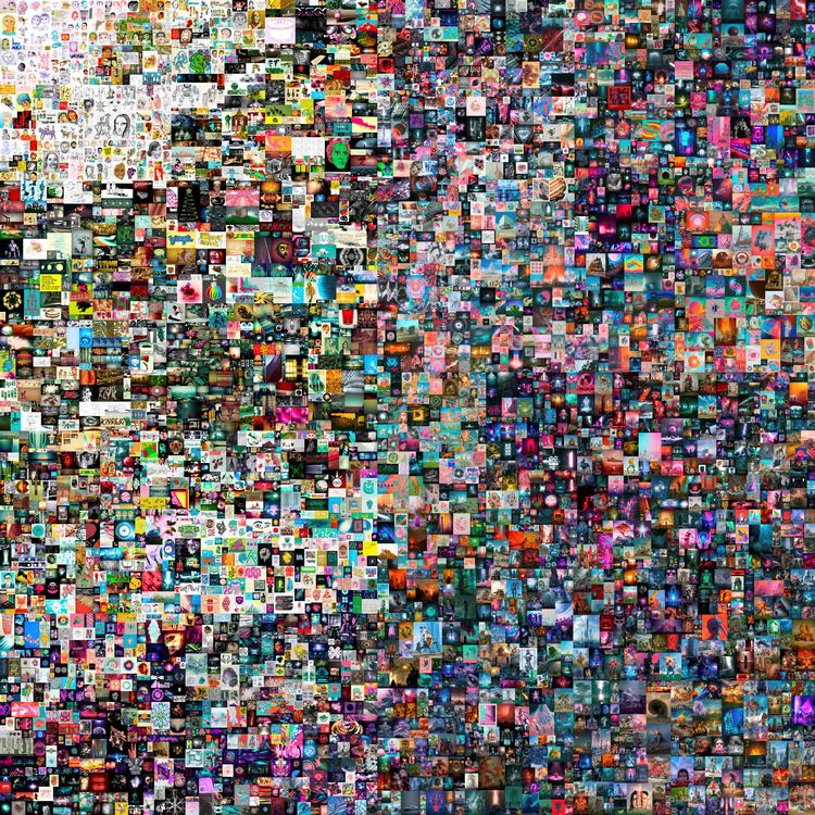 Kollagen 'Everydays' er 5000 billeder, der er sat samme i en digital fil af kunstneren Beeple. Det er 21,069 x 21,069 pixels stort og det første rent digitale værk, auktionshuset Christie´s har solgt. Det er det tredje dyreste kunstværk solgt på auktion af en nulevende kunstner nogensinde.  Foto: Christie's Images Ltd. 2021/Beeple/Ritzau Scanpix