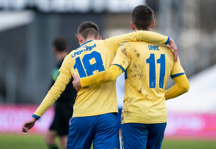 Det kan være guld værd for Brøndby, at Mikael Uhre og Jesper Lindstrøm er så gode sammen. Mod OB scorede Uhre tre mål på oplæg fra Lindstrøm. Foto: Claus Fisker/Ritzau Scanpix