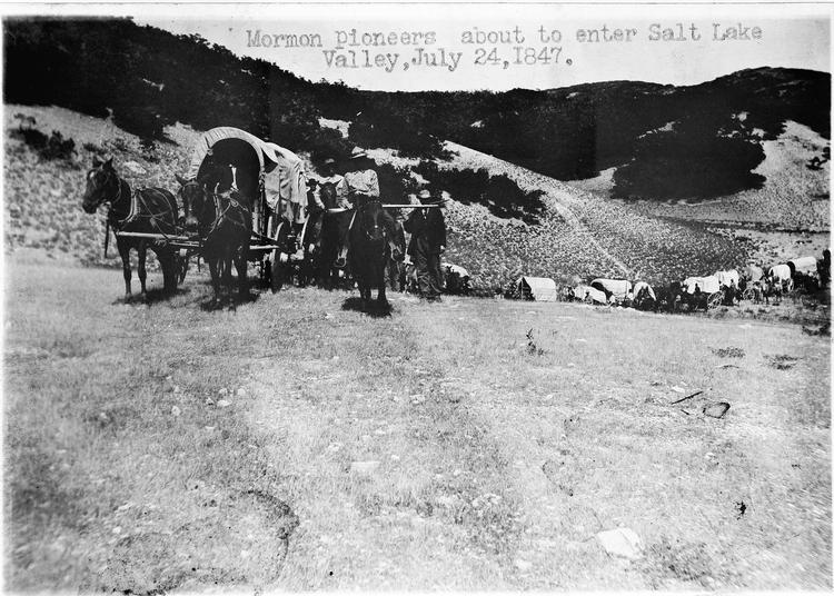 Mormon-pionerer i vogntog ankommer til Salt Lake Valley i juli 1847, hvor byen Salt Lake City blev grundlagt og siden hovedstad for mormonbevægelsen. Billedet er en reproduktion.  Foto: Library of Congress/Library of Congress