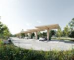 Sådan ser arkiternes vision ud for Clevers ladestation ved Køge. Canopyerne af træ vil elbilister kende fra andre ladepladser, men omgivelserne og faciliteterne på pladserne kan variere. Foto: PR foto