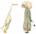 Der er ikke noget at sige til, at And bliver forskrækket over, at Døden pludselig dukker op. Men i Wolf Erlbruchs bog 'And, Døden og tulipanen' har han ikke ondt i sinde.  Illustration Fra bogen
