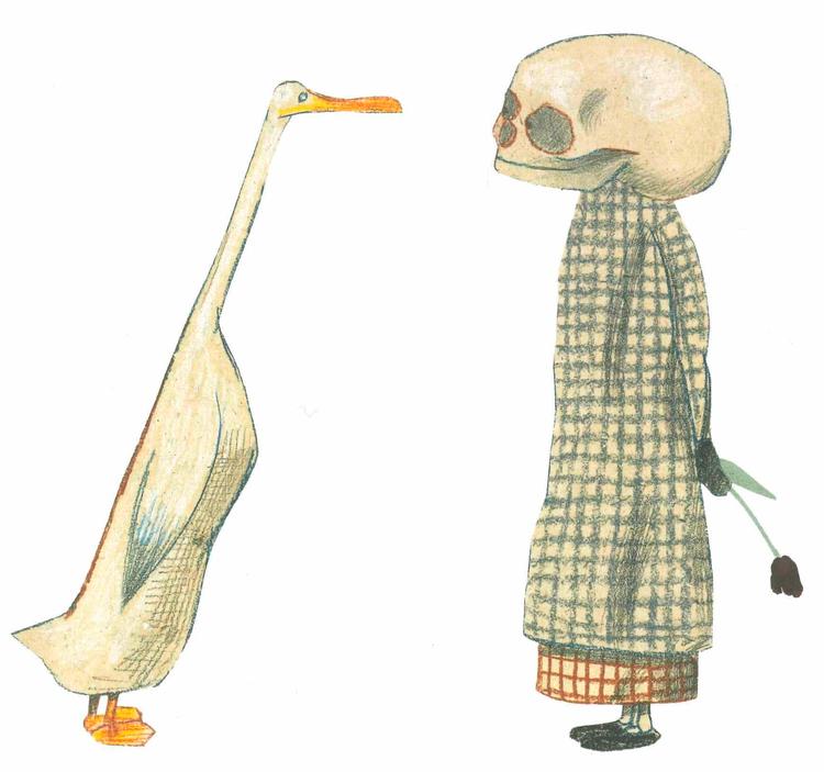 Der er ikke noget at sige til, at And bliver forskrækket over, at Døden pludselig dukker op. Men i Wolf Erlbruchs bog 'And, Døden og tulipanen' har han ikke ondt i sinde.  Illustration Fra bogen