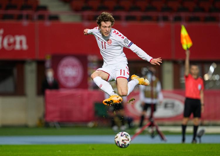 Han kom ind i det 55. minut og var sammen med et par danskere den helt store oplevelse i 4-0-sejren over Østrig. Andreas Skov Olsen scorede to mål og er godt på vej mod et national gennembrud for Danmark. Foto: Kim Price/Ritzau Scanpix