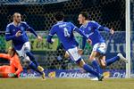Mathias Hebo Rasmussen (til højre) jubler sammen med Svenn Crone og Jens Martin Gammelby efter at have scoret, da Lyngby spillede 2-2 mod FCK i en af forårets mange gode præstationer. Foto: Jens Dresling/POLFOTO