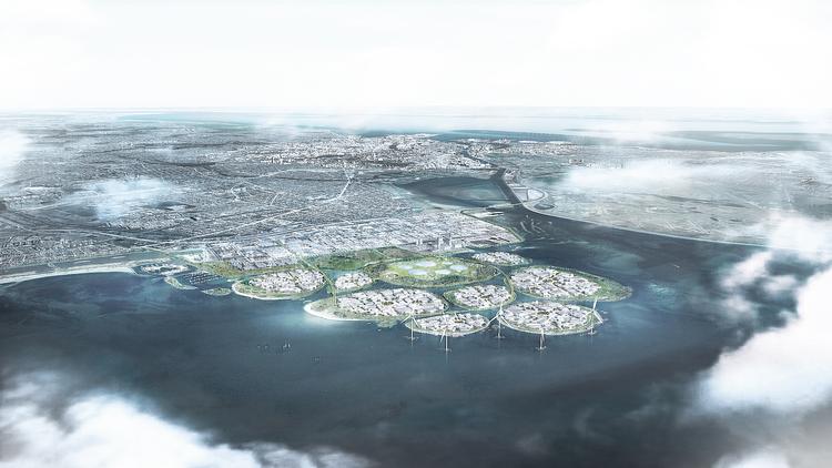 Hvidovre Kommune markedsfører de ni nye, kunstige øer som et grønt projekt, men langt hovedparten af medarbejderne skal køre i bil til jobbet.  Illustration Urban Power
