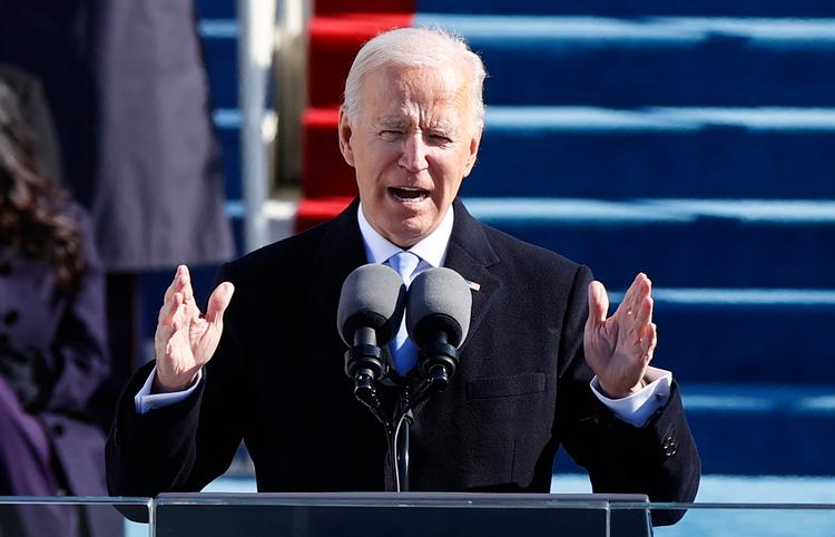USA's præsident Joe Biden holder tale efter at være blevet taget i ed 20. januar. Fredag er det 100 dage siden.  Foto: Jim Bourg/Ritzau Scanpix
