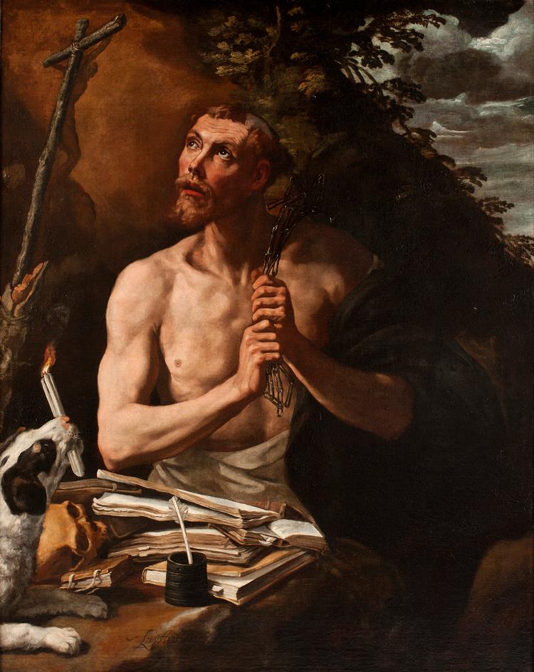 Maleriet ’St Dominic in Penitence’ (1618) af den spanske kunstmaler Luis Tristán. Den religiøse alvor er ikke til at tage fejl af. Men vent; er det en joint, den hund har i munden? Foto: Wikimedia Commons