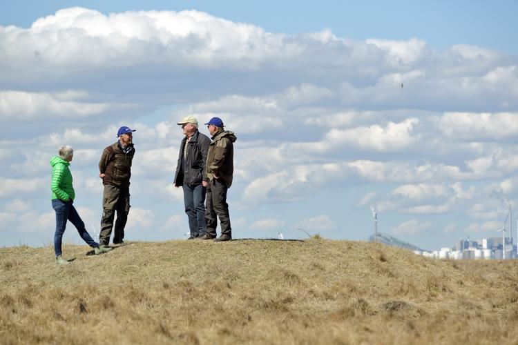 Fra Saltholms højeste punkter de tre meter høje Harehøje er der frit udsyn til København i baggrunden, Malmø og Øresundsbroen. Her nyder fra venstre de ejerlaugsmedlemmer Annette Madsen, Dirch Jansen Schmidt, Politiken og John Vintersbølle udsigten. Foto: Morten Langkilde