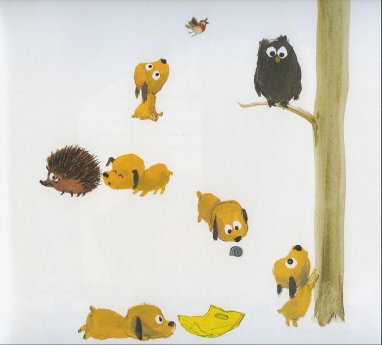 Den lille, nuttede hundehvalp Donna begiver sig ud i verden for at finde venner, der vil putte med hende. Til slut kommer hun til en søskendeflok, der får lov at beholde hende. Illustration: Charlotte Pardi Illustration Charlotte Pardi