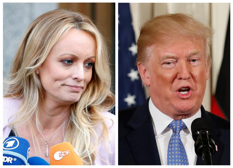 Pornofilmstjernen 'Stormy Waters' (med et rigtige navn Stephanie Clifford) og tidligere præsident Donald Trump, begge fotograferet i april 2016. Foto: Reuters File Photo/Ritzau Scanpix