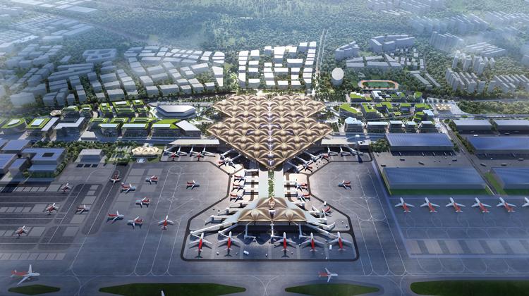 3D-rendering af Shenzhen Airport East Integrated Transport Hub set fra oven. Rendering Grimshaw