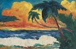 Emil Nolde og hans hustru, Ada Nolde, deltog i 1913-1914 i en ekspedition til den tyske koloni Tysk Ny Guinea, der i dag kendes som Papua Ny Guinea. Nolde fastholdt sine mange indtryk i tegninger og malerier som denne forrygende skildring af 'Palmer ved havet' fra 1914. Foto: © Nolde Stiftung Seebüll. Fotowerkstatt Elke Walford und Dirk Dunkelberg