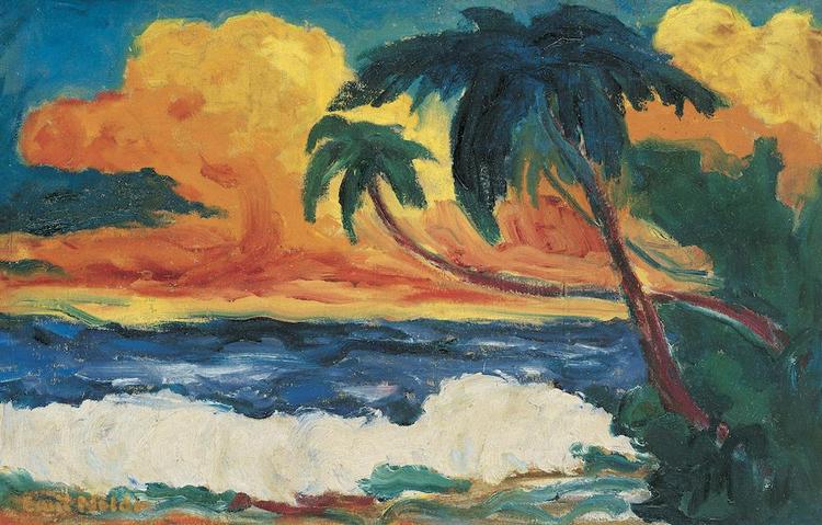 Emil Nolde og hans hustru, Ada Nolde, deltog i 1913-1914 i en ekspedition til den tyske koloni Tysk Ny Guinea, der i dag kendes som Papua Ny Guinea. Nolde fastholdt sine mange indtryk i tegninger og malerier som denne forrygende skildring af 'Palmer ved havet' fra 1914. Foto: © Nolde Stiftung Seebüll. Fotowerkstatt Elke Walford und Dirk Dunkelberg