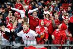 Glade danske tilskuere til landskampen mellem Danmark og Rumænien. Mange af landsholdets trofaste fans har netop mistet deres billetter til EM-slutrunden til sommer i København. Foto: Jens Dresling/POLFOTO