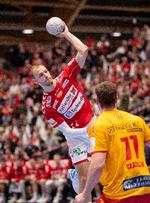 Aalborgs svenske back  Lukas Sandell er den mest scorende spiller for titelkandidaterne i denne sæson med 155 mål i 32 kampe.  Foto: Bo Amstrup/Ritzau Scanpix