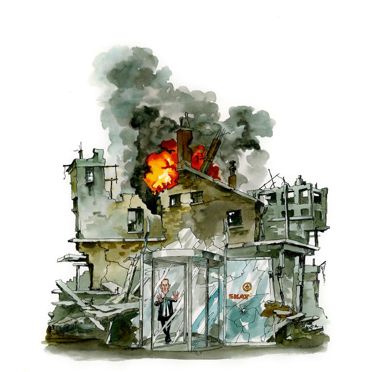 Daværende skatteminister Kristian Jensen (V) forsøgte i 2006 at advare mod at sparekravene ville ødelægge Skat, men Finansministeriet afviste advarslerne. Arkivtegning. Arkivtegning Roald Als