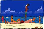     DAGENS TEGNING sand i munden strand badegæster badevand lystbåde havvand sommer sol varmt vejr temperatur   Foto: Claus Nørregaard/POLITIKEN