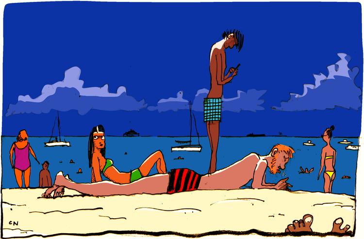     DAGENS TEGNING sand i munden strand badegæster badevand lystbåde havvand sommer sol varmt vejr temperatur   Foto: Claus Nørregaard/POLITIKEN