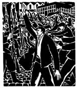 Klassekampen ender anderledes brutalt i belgiske Frans Masereels ordløse og ekspressionistiske træsnitsroman ’25 images de la passion d’un homme’ (1918). 