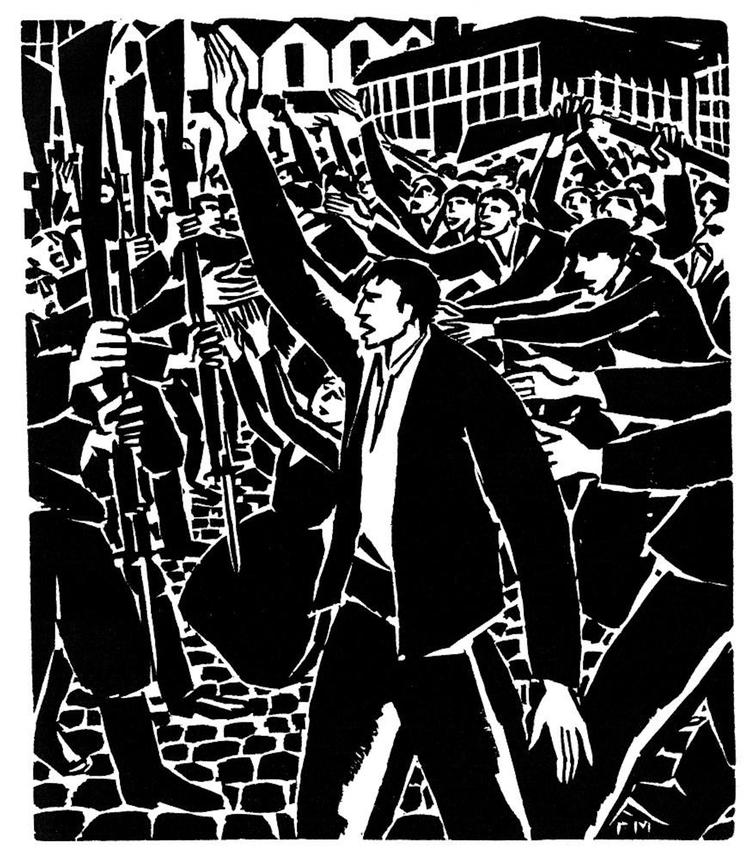 Klassekampen ender anderledes brutalt i belgiske Frans Masereels ordløse og ekspressionistiske træsnitsroman ’25 images de la passion d’un homme’ (1918). 