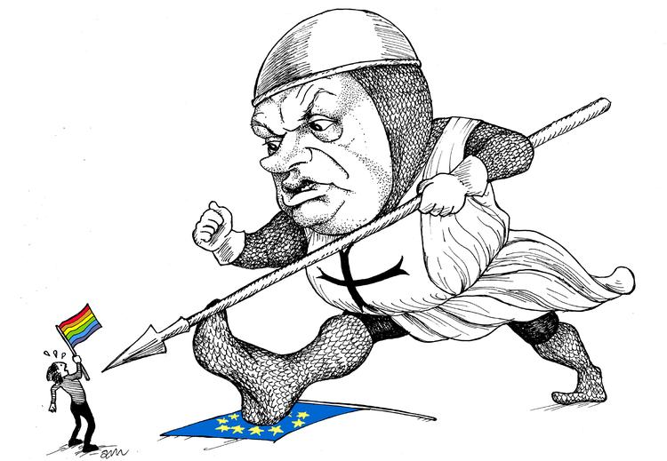     dagens tegning til 8. juli 2021HomoforbiUngarns ministerpræsident Viktor Orbán gennemfører sit korstog med homoseksualitet trods heftige protester fra EU. I går trådte hans nye lov om begrænsning af LGBTQ-rettigheder i kraft.   Tegning Anne-Marie Steen Petersen