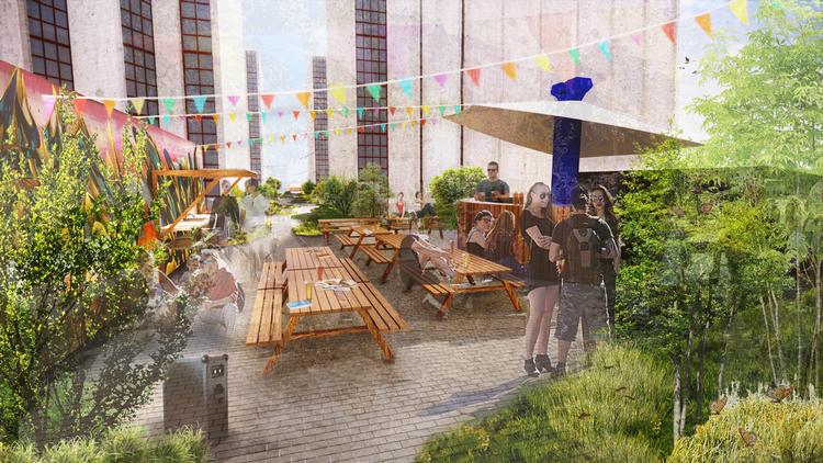 De 11 betonblokke, der udgør Øresundskollegiet, står over for et større ansigtsløft.  Her ses området, der skal hedde 'Festpladsen'. Foto: ©SLA