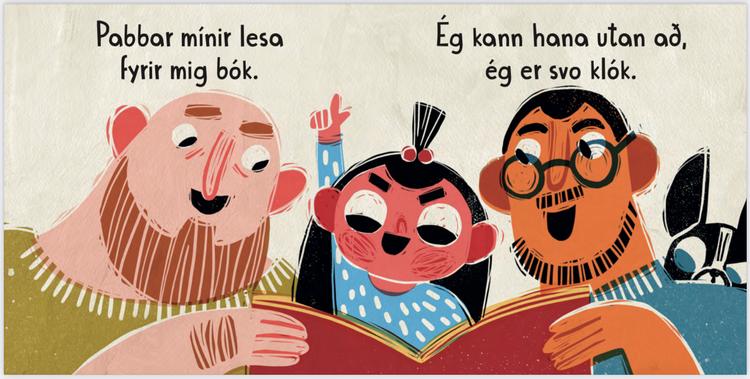 I børnebogen 'Sengetid' har pigen to fædre. Her er bogen vist i en islandsk oversættelse. Illustration:  Lawrence Schimel og illustrator Elīna Brasliņa