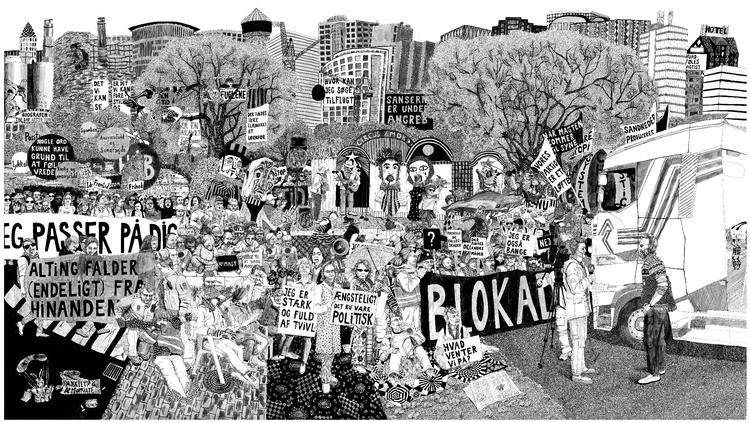 Mo Maja Moesgaards store tegning '(Af)magt' findes som plakatværk, ganske i traditionen fra den socialistiske kunst, som følger et ønske om, at kunsten er et demokratisk projekt, der skal nå så mange som muligt.  Foto: Mo Maja Moesgaard