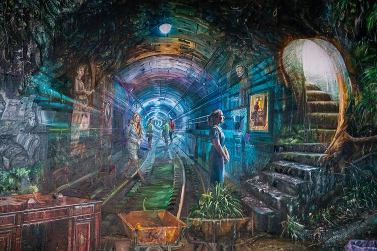 Der er tog og metro til tiden og mennesker under jorden i billedet med temaet 'Retfærdig og Realistisk', som henter sit navn fra det udspil, Socialdemokratiet kom med i 2018 vedrørende udlændinge-, asyl- og integrations-politikken.  Helle Thorning-Schmidt træder med et halvtransparent ben ind i historien som landets første kvindelige statsminister, og Mette Frederiksen står og kigger på en gengivelse af Anna Anchers maleri fra 1880'erne, 'Pigen i køkkenet', som – og hold nu fast – af Jacob Brostrup er blevet iklædt en afrikansk klædedragt... Foto: Søren Bidstrup/Ritzau Scanpix