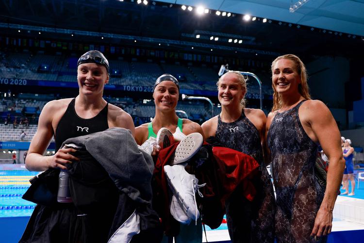  Julie Kepp Jensen, Pernille Blume, Signe Bro og Jeanette Ottesen er i finalen i 4 gange 100 meter fri ved OL i Tokyo. Foto: Odd Andersen/Ritzau Scanpix