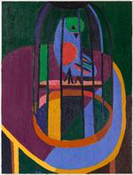 'Gibraltar' hedder maleriet fra 2019-2020 af Tal R. Er fuglen i buret natur eller kultur? Fanget eller beskyttet? Domesticeringen og hjemmet som stedet hvor individet udfolder sin livsstils-lyst synes at være det altdominerende tema i mødet med de nye malerier af Tal R på Ordrupgaard.  Foto: Anders Sune Berg