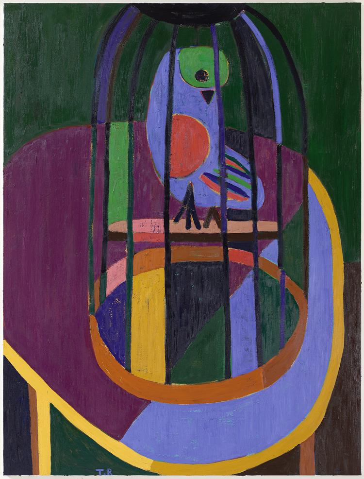 'Gibraltar' hedder maleriet fra 2019-2020 af Tal R. Er fuglen i buret natur eller kultur? Fanget eller beskyttet? Domesticeringen og hjemmet som stedet hvor individet udfolder sin livsstils-lyst synes at være det altdominerende tema i mødet med de nye malerier af Tal R på Ordrupgaard.  Foto: Anders Sune Berg