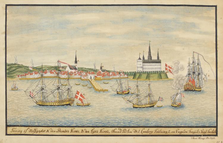 Jens Bangs akvarel af Helsingørs red i 1793. Længere nede på siden et udsnit fra fortegnelsen over slaverne på Kronborg 1781. De ærlige på venstre side og de uærlige på højre side.

Fotos: MS Museet for Søfart og Rigsarkivet. 