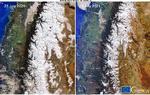 På billederne kan man se hvor lidt sne, der ligger i Andesbjergene i år sammenlignet med 2020. Foto: European Union, Copernicus Senti/Ritzau Scanpix