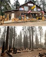 Før og efter. Butikken Canyon Dam Store brændte totalt ned i branden Dixie. Foto: Reuters/Ritzau Scanpix