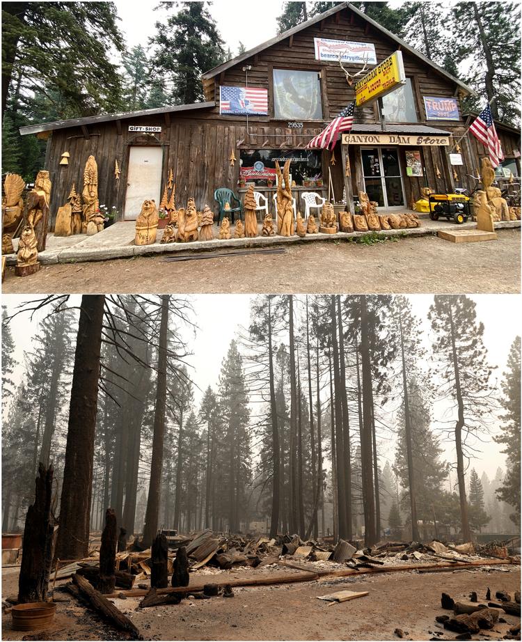 Før og efter. Butikken Canyon Dam Store brændte totalt ned i branden Dixie. Foto: Reuters/Ritzau Scanpix