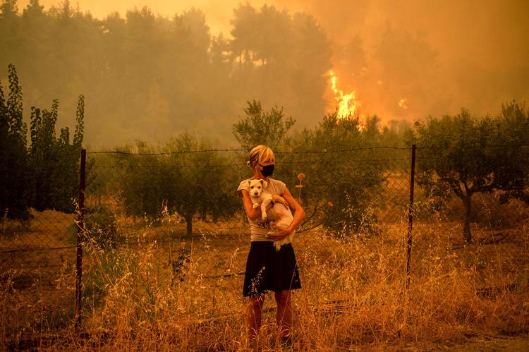 En kvinde knuger en hund til sig under en af de voldsomme skovbrande, der denne weekend truede hendes græske landsby. Hundredvis af brandfolk bekæmper ilden, der er opstået under den værste hedebølge i årtier. Varmen kobles af eksperter til klimaforandringer. Foto: Angelos Tzortzinis/Ritzau Scanpix