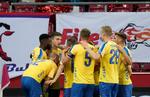 Brøndby jublede tidligt, men så fulgte en kamp, hvor holdet skulle forsvare sig mod de angrebslystne østrigere.  Foto: Matthias Schrader/Ritzau Scanpix
