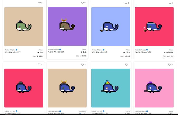 Samlekortene Weird Whales sælges på digitale platforme som eksempelvis her Open Sea. 