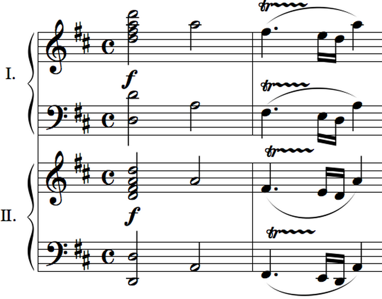 Dette er starten på Mozarts sonate for to klaverer i d-dur, K448, som han komponerede som 25-årig i 1781. Ny forskning bekræfter nu, at det klassiske musikstykke dæmper epileptisk hjerneaktivitet. Foto: Alton