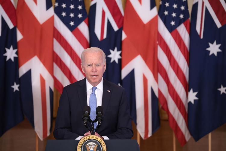 USA's præsident Joe Biden præsenterer et nyt militært partnerskab med Storbritannien og Australien i Det Hvide Hus onsdag 15. september.   Foto: Win Mcnamee/Ritzau Scanpix