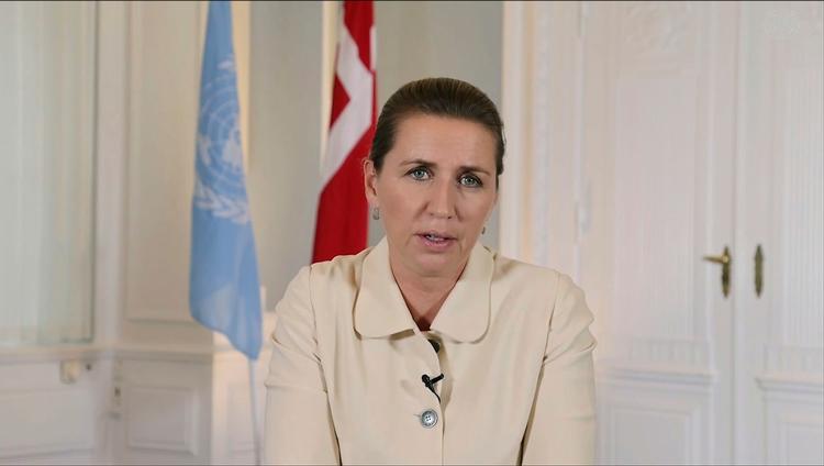Danmarks statsminister Mette Frederiksen (S) taler til FN's generalforsamling i New York 20. september 2021 på en forhåndsindspillet optagelse.   Foto: Uncredited/Ritzau Scanpix