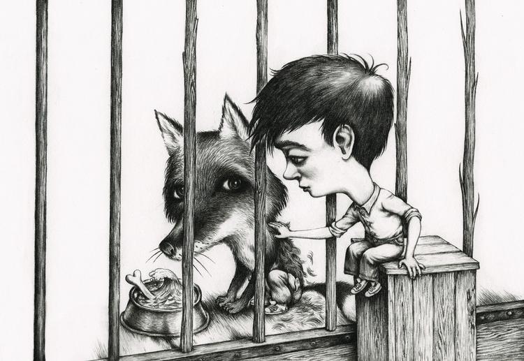 Man ser sig selv i Gustavs rasende vanvid. Og man ser sig selv i buret. Alt det fanger tegner Otto Dickmeiss med sin magiske pen. Foto: Illustration fra bogen