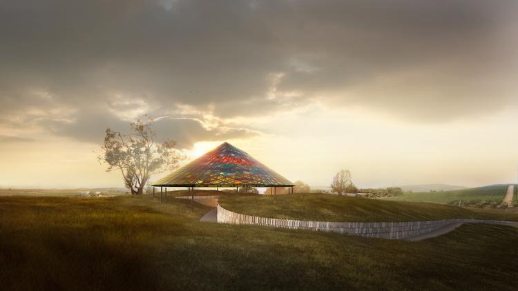En tegning af pavillonen på Donum Estate, som er udarbejdet af Studio Other Spaces.  Foto: Rendering © The Donum Estate and Studio Other Spaces