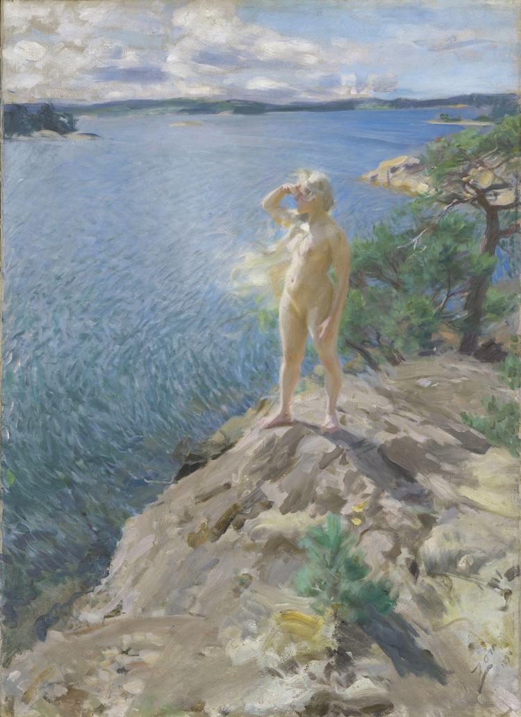Et meget typisk motiv for Anders Zorn: en ung nøgen pige i et svensk landskab. Maleriet fra 1894 tilhører Nasjonalgalleriet i Oslo. Foto: Børre Høstland