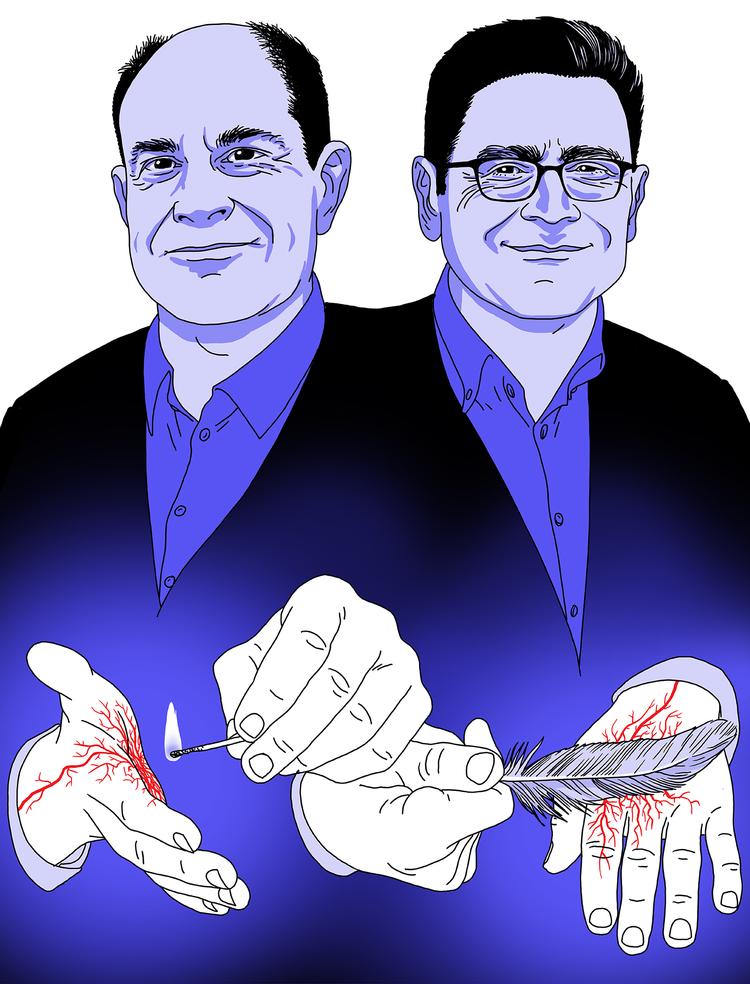 65-årige David Julius og 54-årige Ardem Patapoutian (til højre) modtog mandag Nobelprisen i medicin og fysiologi for at gøre os klogere på, hvordan berøring, varme og kulde bliver modtaget af nerverne på hudens overflade og omsat til et hjernesignal. Foto: Thomas Thorhauge